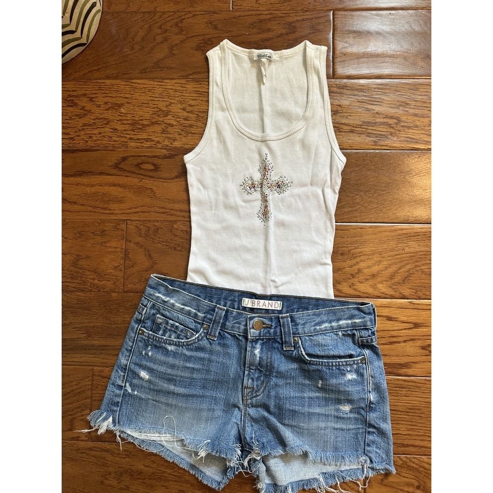 Vintage Vocal USA Y2K Rhinestone Cross Tank Top Medium White Ribbed McBling